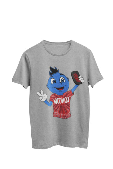 WooHooBerry capturing a selfie with a cellphone, dressed in a red tie-dye T-shirt. The T-shirt itself is gray. A modern moment of self-expression and style.